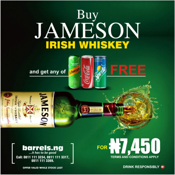 Jameson Irish Whiskey. Offer: Buy one bottle of jameson whisky and get one free mixer drink.